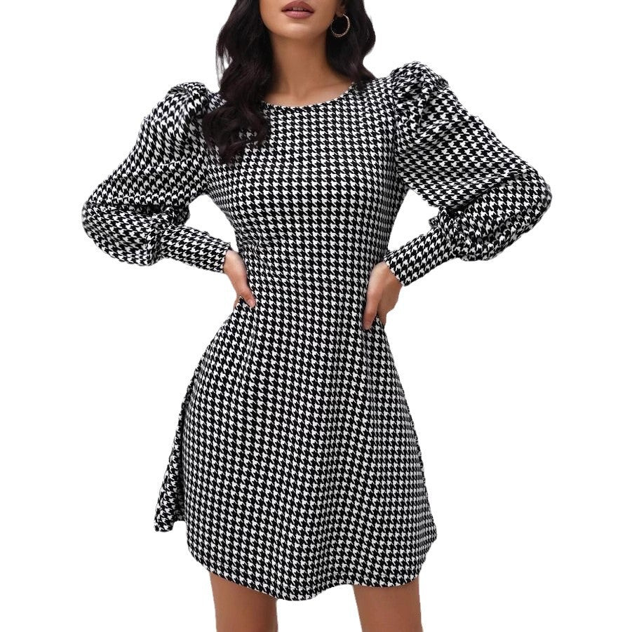 European and american cross-border   fall/winter new arrival: houndstooth chic elegant slim-fit puff sleeve women's dress