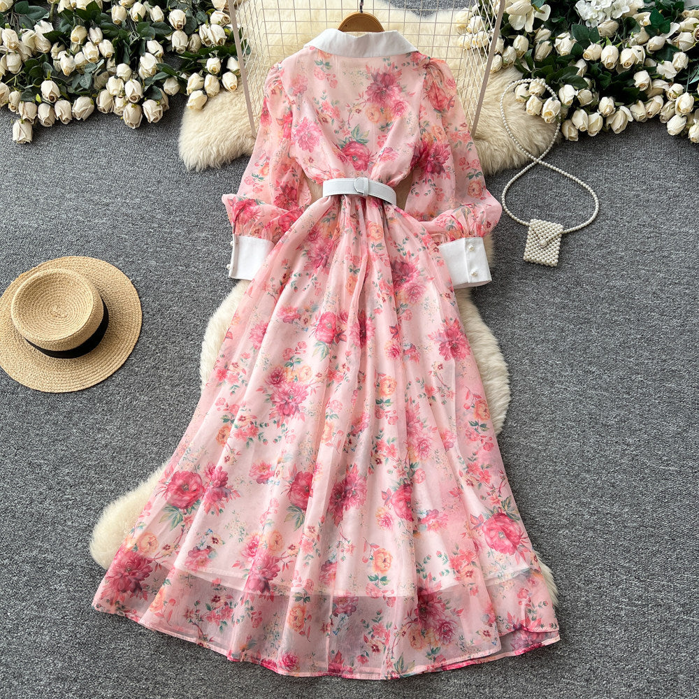French romantic v-neck lantern sleeve printed dress - women's slim-fit, waist-defining, a-line maxi dress