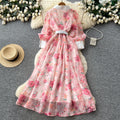 French romantic v-neck lantern sleeve printed dress - women's slim-fit, waist-defining, a-line maxi dress
