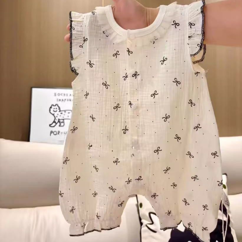 Summer romper for baby girls - adorable princess style, newborn flutter sleeve muslin lightweight bodysuit