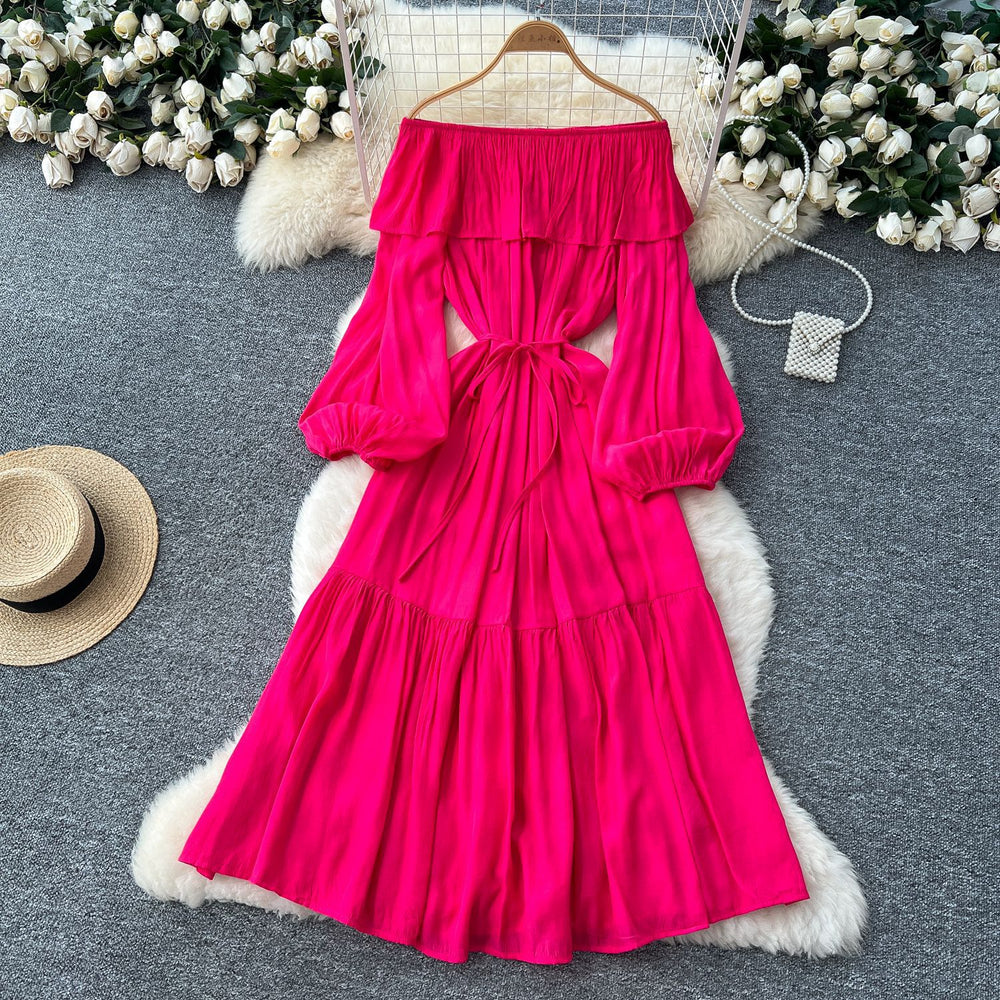 French chic one-shoulder ruffle trim lantern sleeve bodycon midi dress