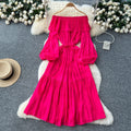 French chic one-shoulder ruffle trim lantern sleeve bodycon midi dress