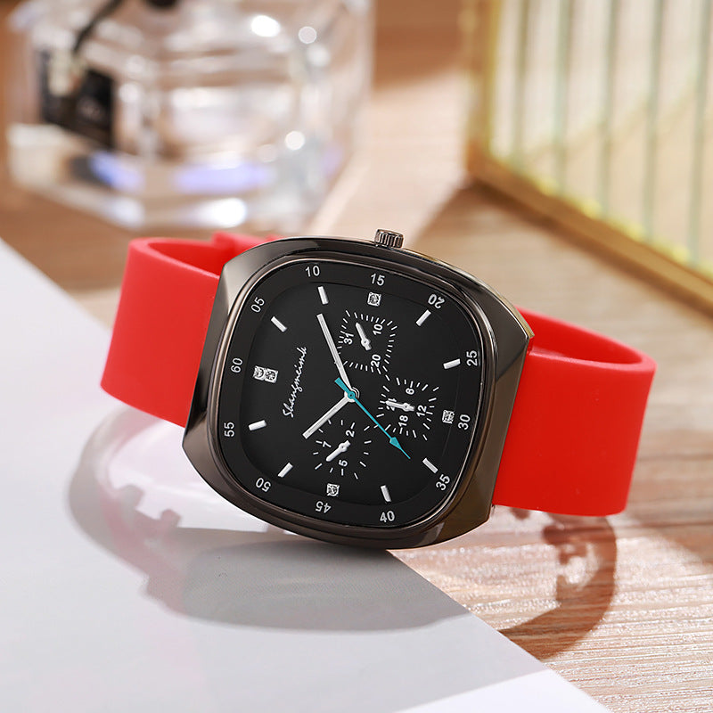 New arrivalexport women's watch three-eye fashion diamond square quartz silicone strap watch student women's watch