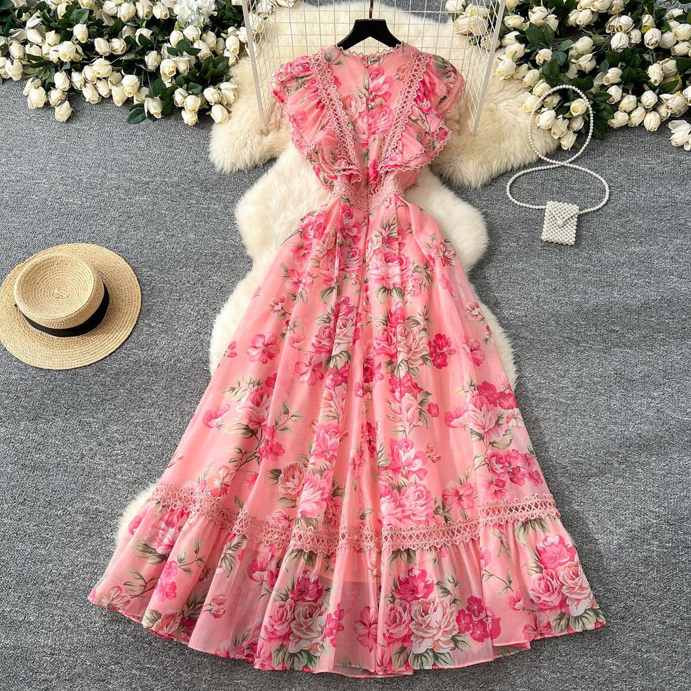 Frenchelegancedress women's new arrivalretrolacepatchwork waist elegantprintingruffleslong skirt