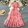Frenchelegancedress women's new arrivalretrolacepatchwork waist elegantprintingruffleslong skirt