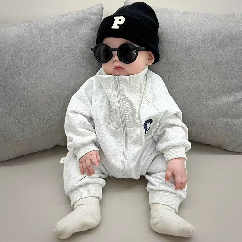 Baby autumn winter baby boy fleece-lined onesie, super cute casual outing outfit, spring and autumn climbing suit