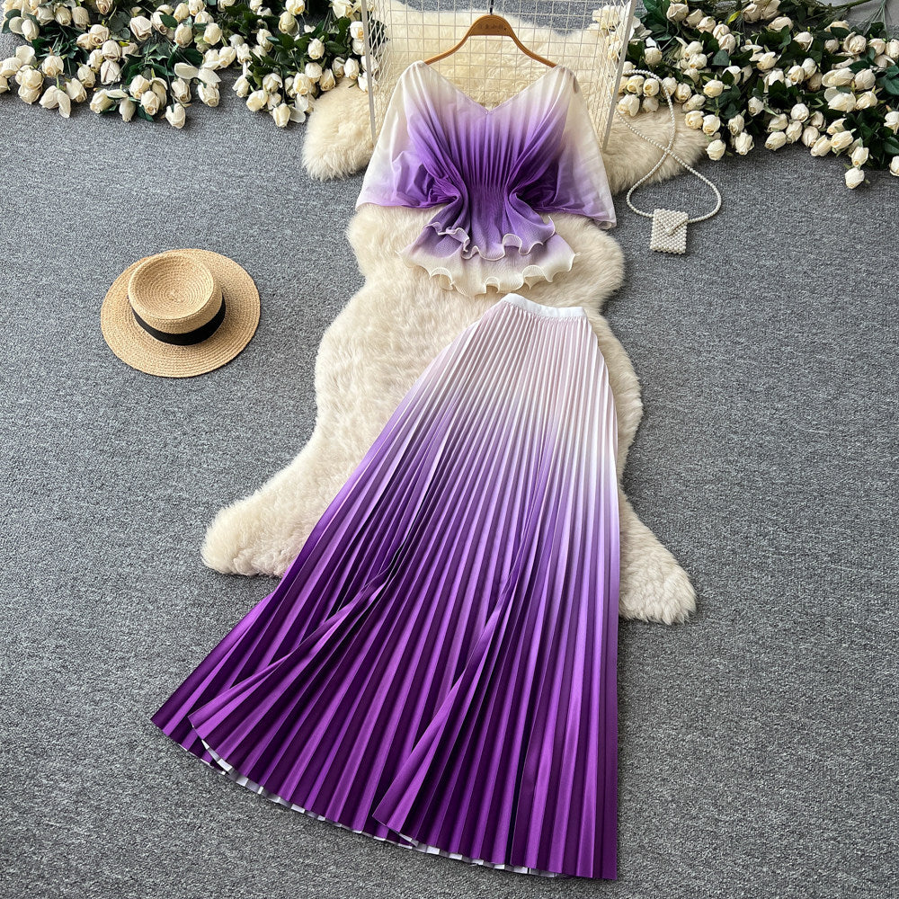 Dopamine dress gradient color pleated silmsuit women's summer waist slimming lookcardigan pleated skirt two-piece set work clothing