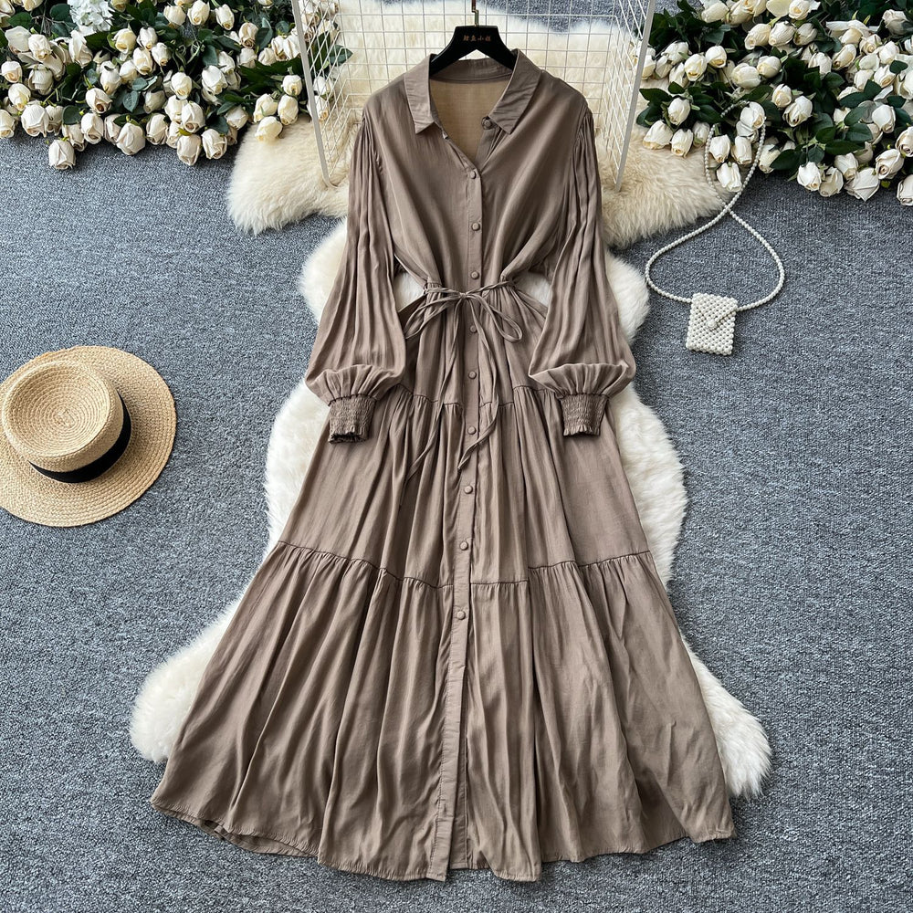 Luxury french style polo neck lantern sleeve shirt dress - women's summer tie-waist maxi dress - ethereal & stunning elegant long dress