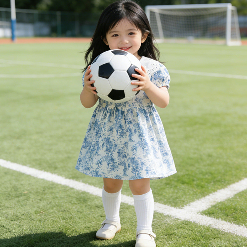 summer new arrival: lightweight girls' dress - blue and white porcelain doll collar, short-sleeved, stylish baby princess summer dress