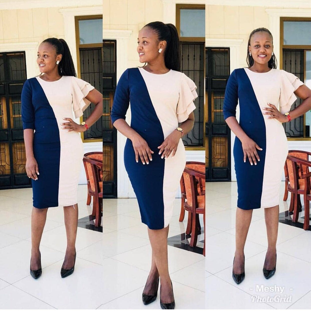 fashion african   hot-selling two-color patchwork asymmetrical sleeves belt dress