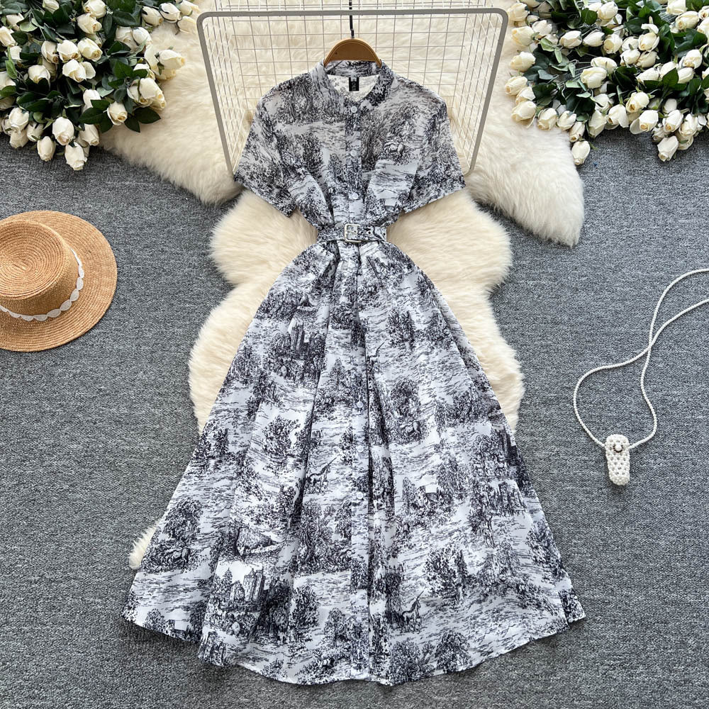 Vintage ink wash painting print short sleeve dress - women's summer stand collar belted slimming design - elegant mid-length dress