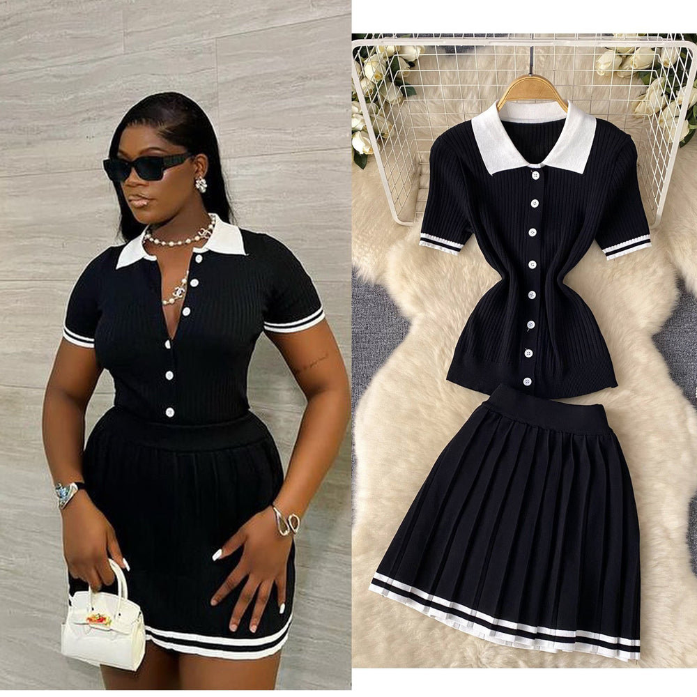 Pure desire hot girl style contrast color polo collar short sleeve shirt tops + high waistslimming look pleated skirt two-piece set summer