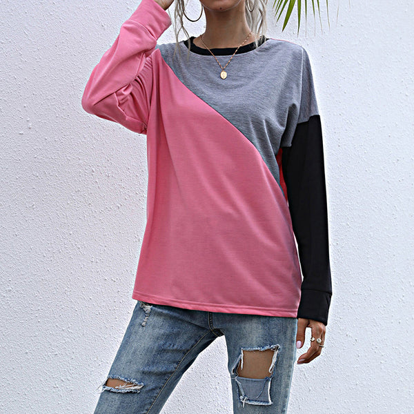 Yanxuan Independent Station  Cross-border Early Autumn Loose European and American Pink Splicing Crew Neck Long Sleeve Bottom Sweater Women