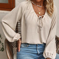 cross-border fashion raglan sleeve tie-front v-neck casual comfortable loose fit long sleeve top/blouse