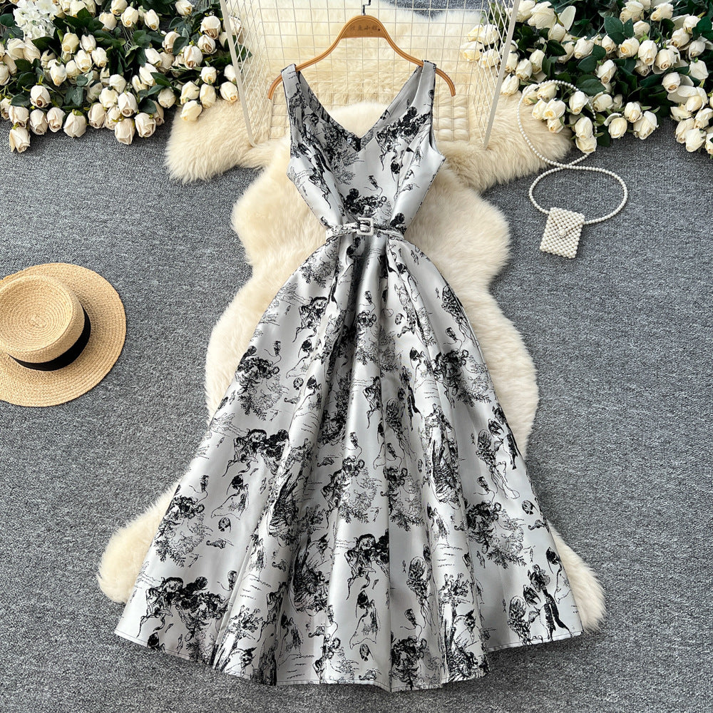 French chic high-end elegant dress for women, autumn  collection: tie-waist, slimming, elegant v-neck, jacquard, maxi swing dress