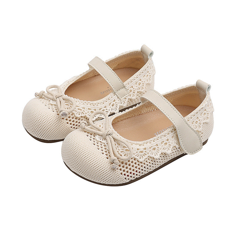 Vancahao children's shoes  spring and autumn new soft sole leather shoes korean style girls' hollow lace bow princess shoes
