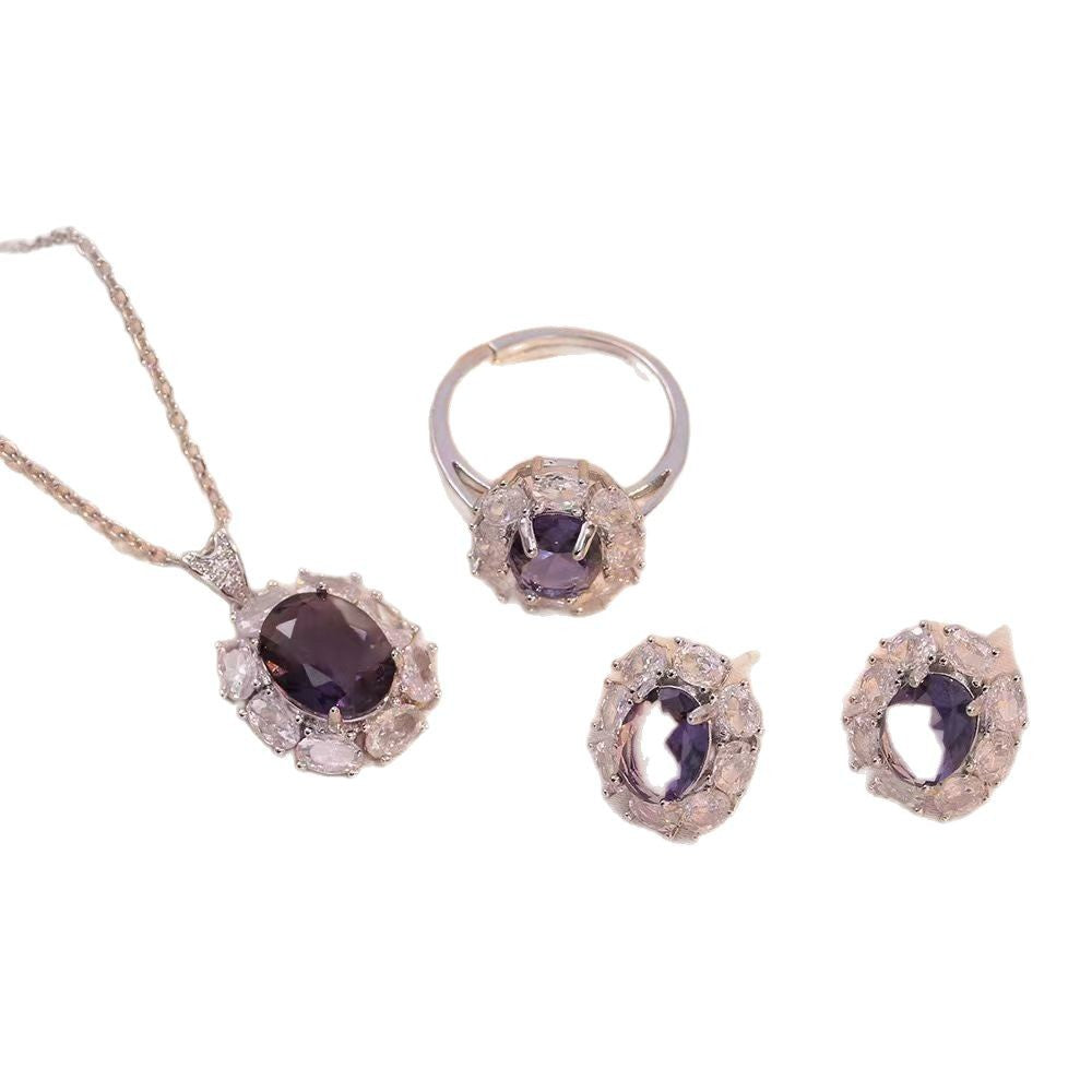 Necklace gemstone inlaid round electroplated pendant earrings ring classy light luxury titanium steel simple clavicle chain jewelry