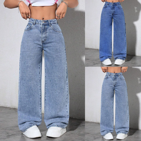 Europe, America,  popular street high waist drape pure straight loose versatile wide leg trousers washed jeans