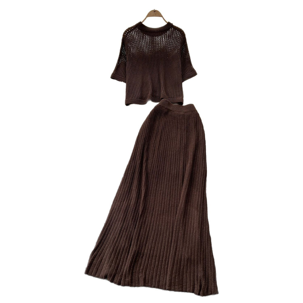 Summer outfit set for women: korean style, age-reducing, hollow-out short-sleeve knit top and high-waisted slimming midi skirt two-piece set