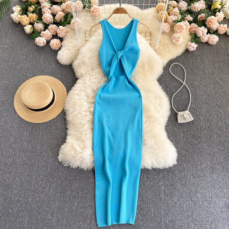 European and american style ins women's summer new sexy twist knot cleavage-enhancing hollow-out fashion two-way knitted dress