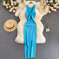 European and american style ins women's summer new sexy twist knot cleavage-enhancing hollow-out fashion two-way knitted dress