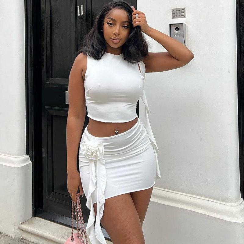European and american style fitted solid color fashion set - hand-embroidered floral round neck crop top and mini skirt two-piece outfit
