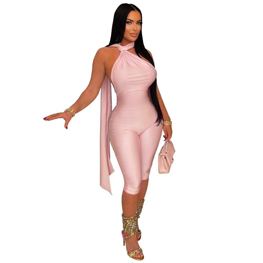 C7719 cross-border   fashion women's sexy casual solid color open-back jumpsuit