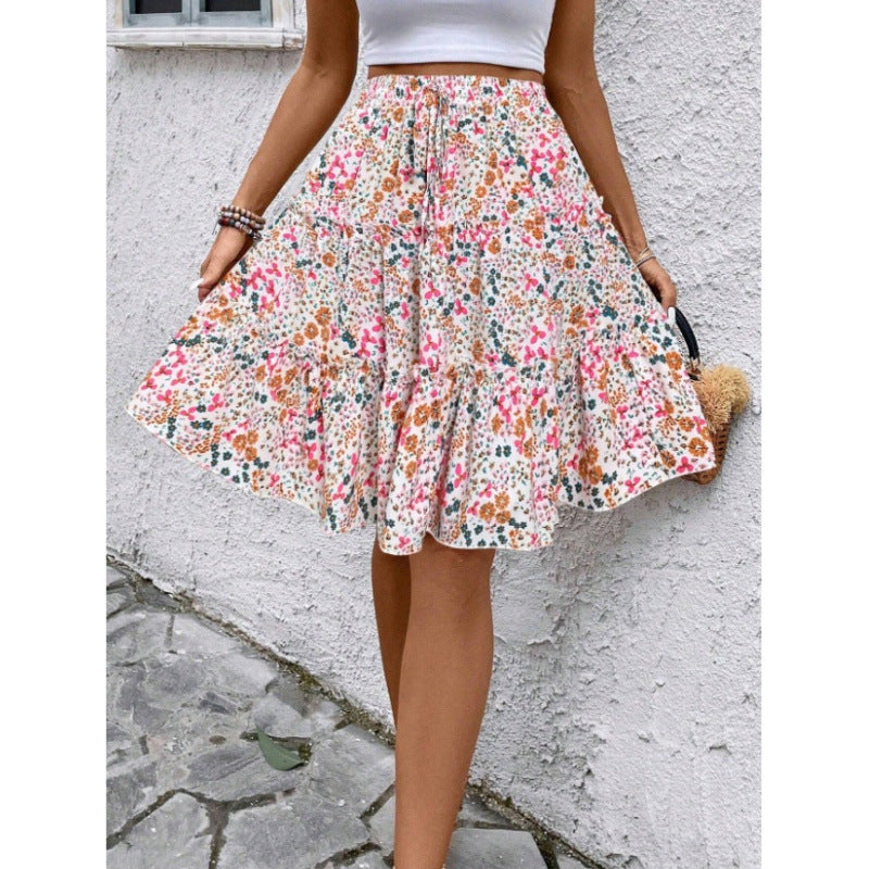 Shipped: european and american summer floral print women's bohemian ruffle hem midi skirt
