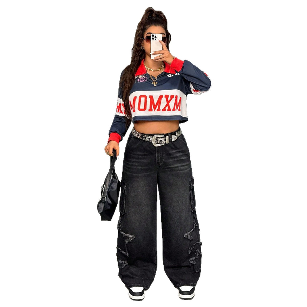American retro distressed workwear loose jeans women's raw edge star patch multi-flap pocket pantshigh waistdraped floor length pants