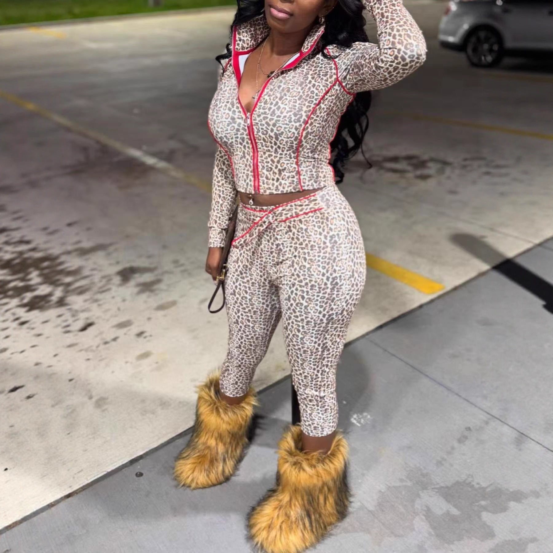 Cross-border Europe, America and 2025 new women's clothing Spice Girl hip-wrapped leopard print elastic trousers zipper cardigan two-piece set