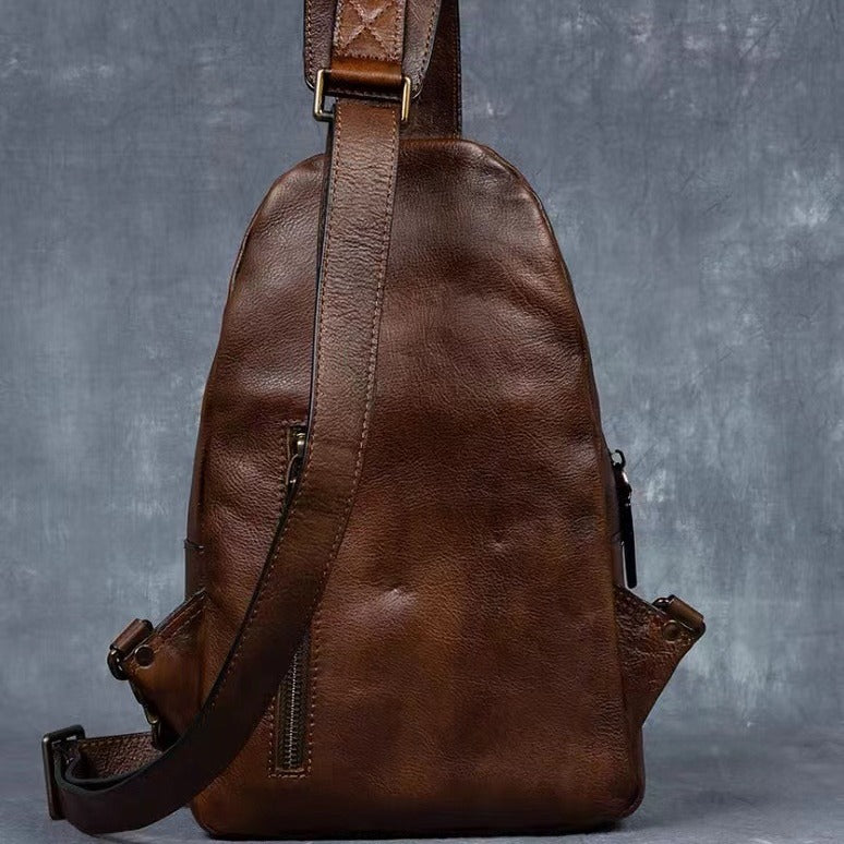 Retro hand-rubbed vegetable-tanned cowhide chest bag men's genuine leather crossbody bag casual shoulder crossbody bag soft leather bag