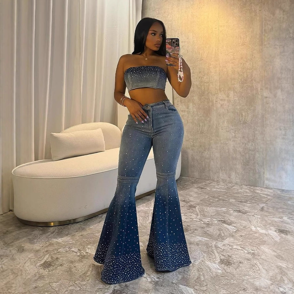 European and american cross-border fashion rhinestone denim set for women - summer sleeveless bandeau top + high-waisted flare denim pants