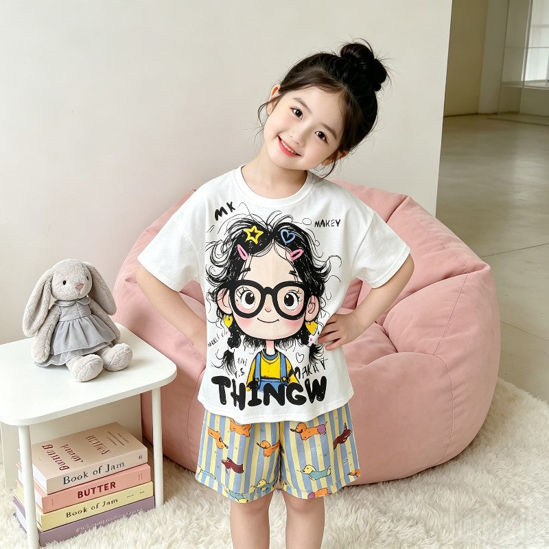 【matching family set】girls' korean style cartoon pajama set - summer edition, cute short-sleeve loungewear/ac suit for kids