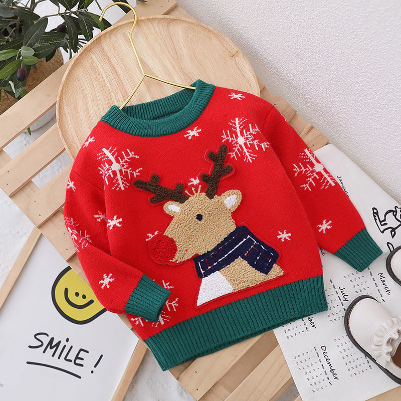 christmas fawn sweater for kids, fleece-lined and extra thick, chinese new year style, versatile knitted top for boys and girls