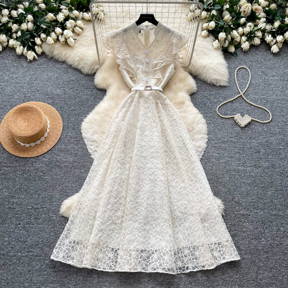 Korean style lace hollow-out sleeveless a-line dress - women's summer high-waisted slimming commute elegant long dress