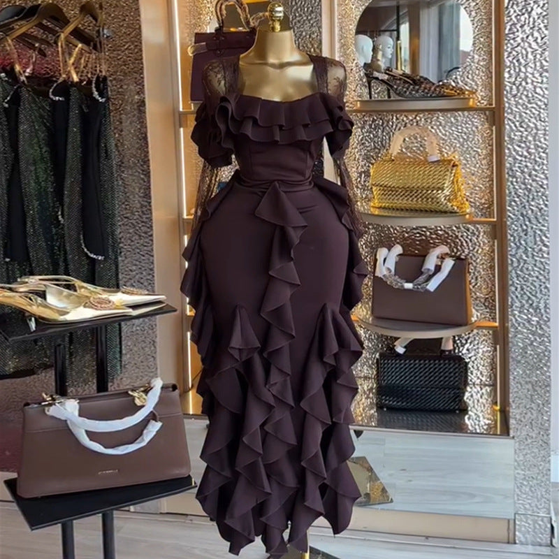 European and american cross-border women's fashion:  autumn new arrivals - sexy and elegant square neck ruffle trim midi bodycon dress