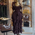 European and american cross-border women's fashion:  autumn new arrivals - sexy and elegant square neck ruffle trim midi bodycon dress