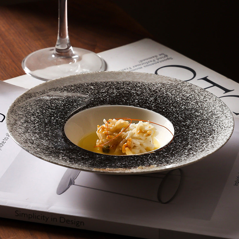 Nordic gradient sprayed high-value light luxury ceramic western food pasta plate, straw hat plate, restaurant hotel business straw hat plate