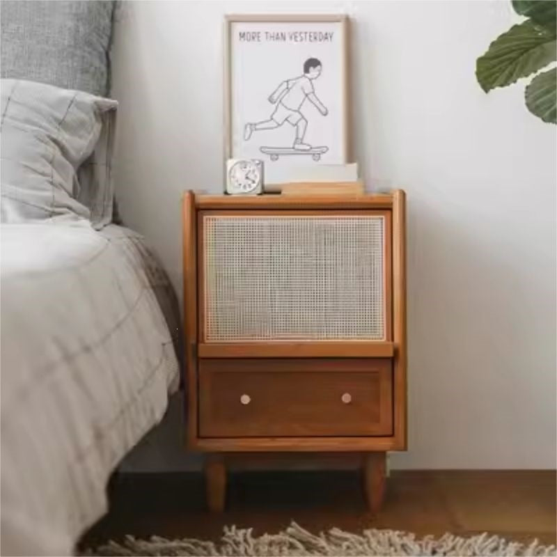 Japanese solid wood bedside table rattan bedroom wabi-sabi storage cabinet casual night light drawer medieval storage sofa side cabinet