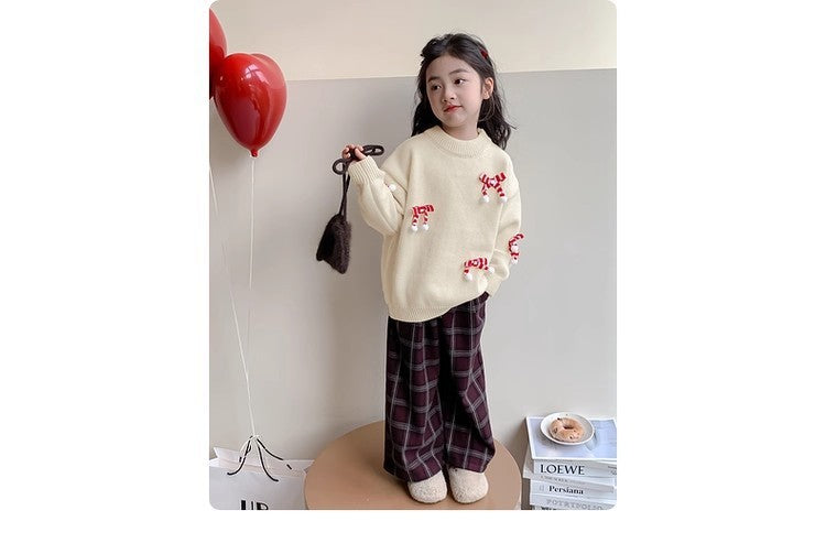 Girls' new year outfit: red sweater, winter knit top, stylish children's sweater,  new year's festive apparel