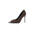 Metal head leopard print stiletto pointed toe elegant high heels women's 2025fall and winternew arrivalniche stylesense of designflatsflats