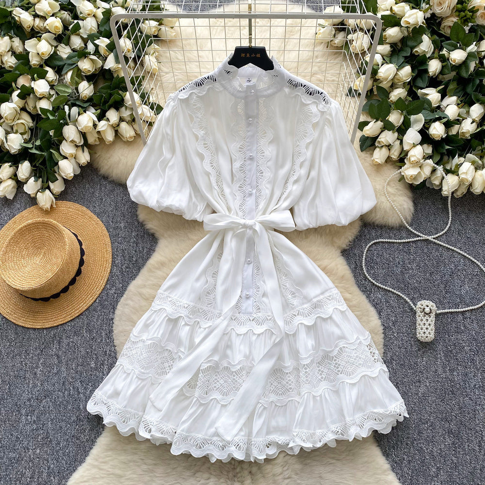 French retro court style chic lace patchwork tie-waist dress - lantern sleeves, slimming a-line skirt