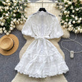 French retro court style chic lace patchwork tie-waist dress - lantern sleeves, slimming a-line skirt