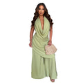C7785 cross-border  new women's halter deep v-neck solid color loose drape wide-leg pants vacation casual set
