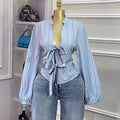 European and american cross-border women's fashion:  autumn new collection - stylish tie-neck v-neck striped slim-fit bubble sleeve blouse top