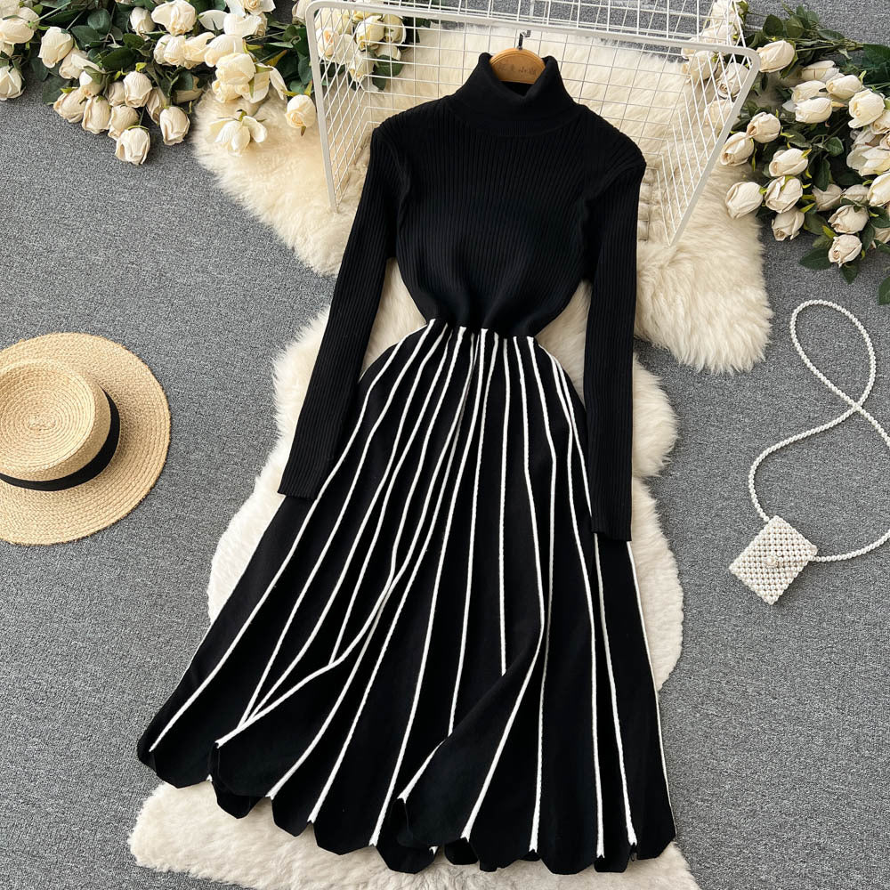Fall and winternew arrivalhigh collarthickened inner layer bottomsense of designstripespleated knittingdress women's knee-length long skirt trendy