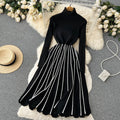 Fall and winternew arrivalhigh collarthickened inner layer bottomsense of designstripespleated knittingdress women's knee-length long skirt trendy