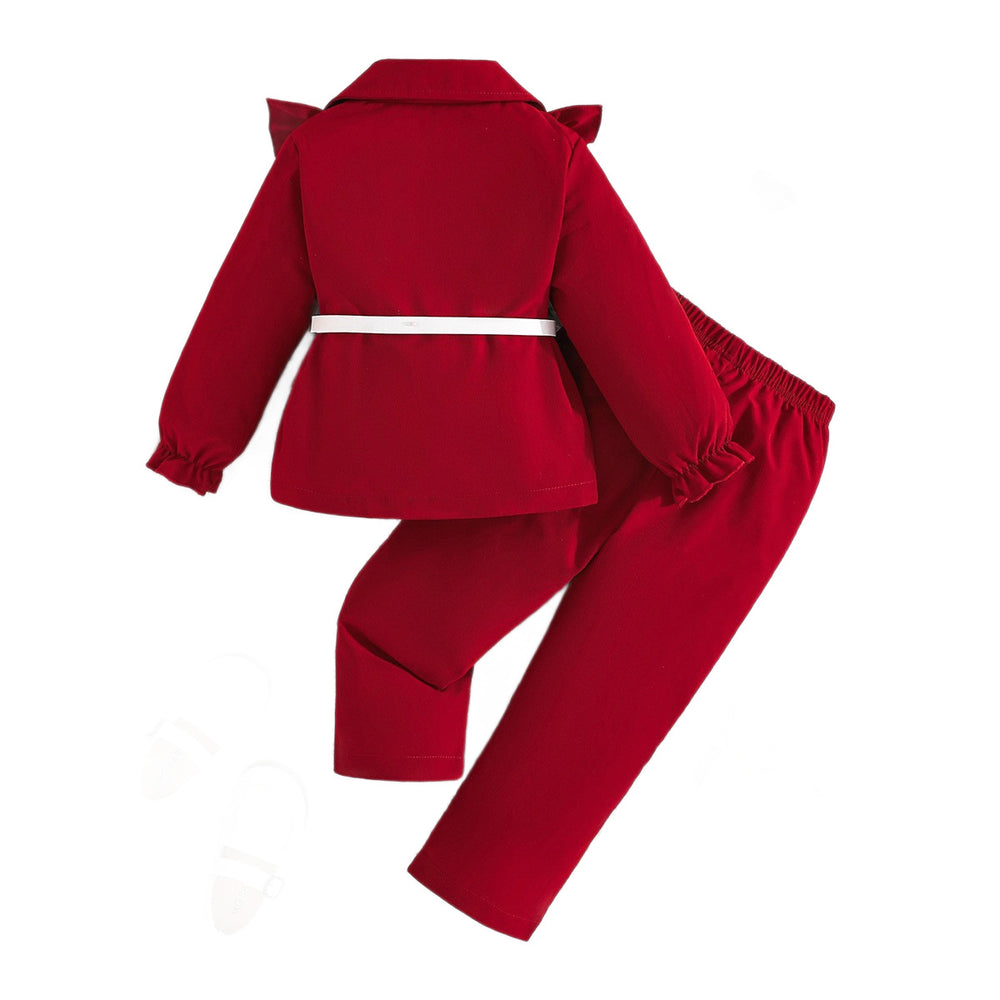 New girls' spring/autumn outfit: korean style ruffle trim blazer and pants two-piece set - trendy kids' fashion