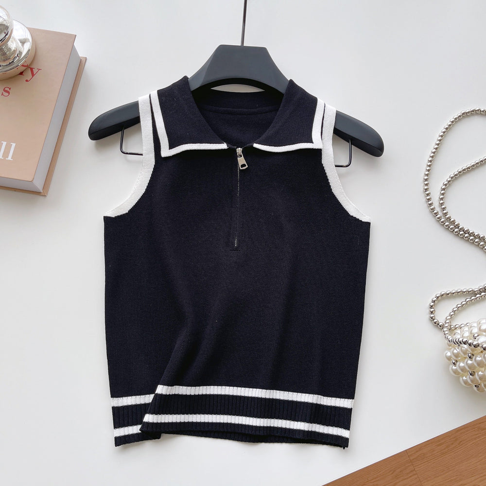 Korean ins summer new arrivalfashioncontrast color lapel knitting shirt vest women's silmslimming lookeasiest for match sleeveless tops