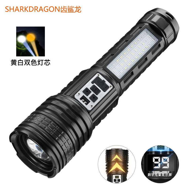 Cross-border new white laser flashlight USB charging white yellow light + red and blue warning side light tactical strong light flashlight
